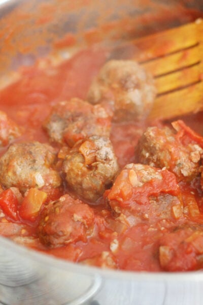 Easy homemade meatballs in a tomato sauce in a pan