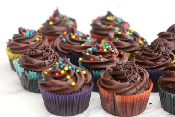 Easy chocolate cupcakes from Mary Berry in colourful cases. 