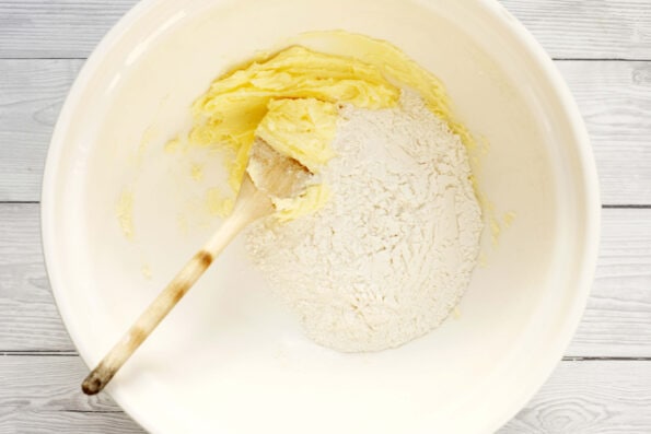 flour, butter and sugar in a mixing bowl.