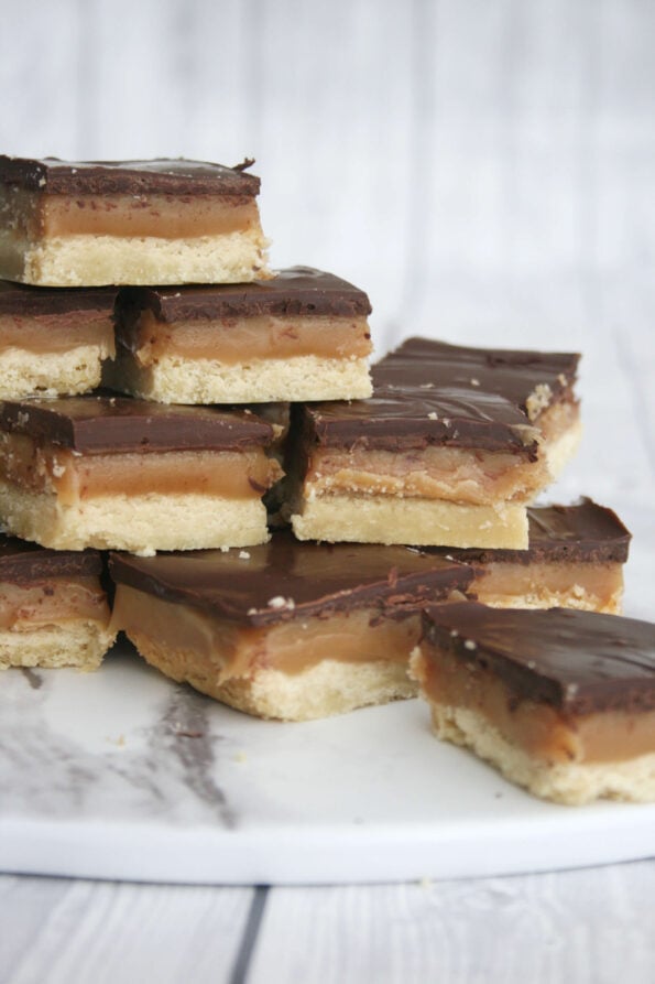 caramel shortbread on a serving plate