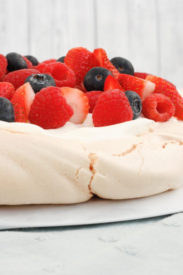 Mary Berry pavlova on a serving plate. 