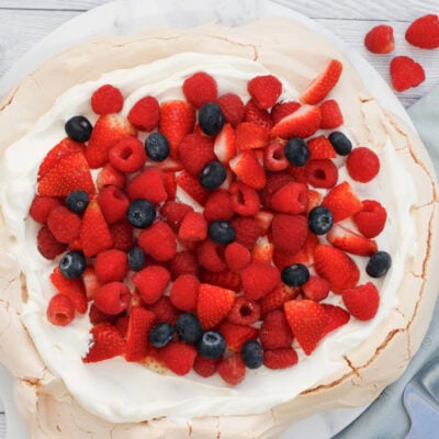 Mary Berry pavlova on a serving plate.