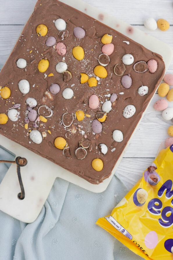 Easter fudge with Mini Eggs on top.