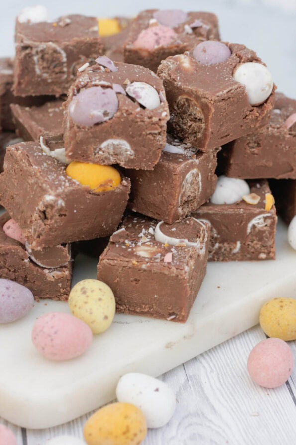 Mini Egg fudge on a serving plate.