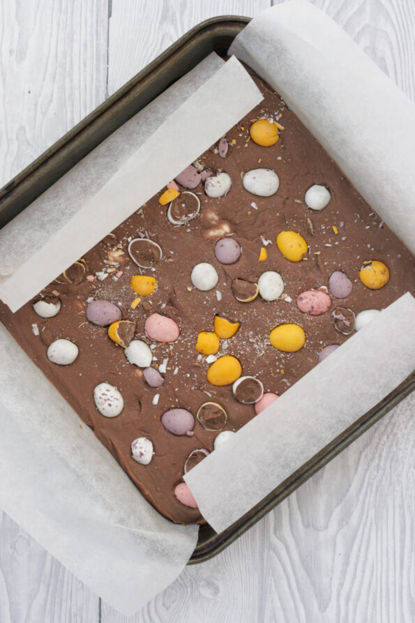 Mini Egg fudge in a baking tin.
