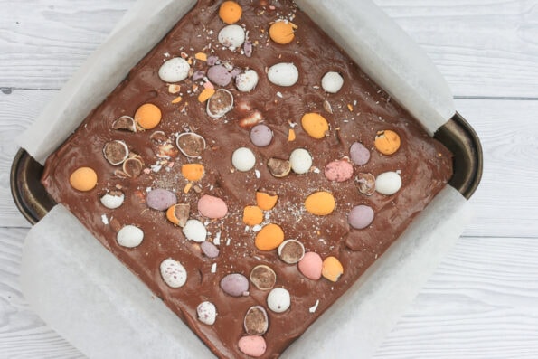 Easter fudge in a baking tin.