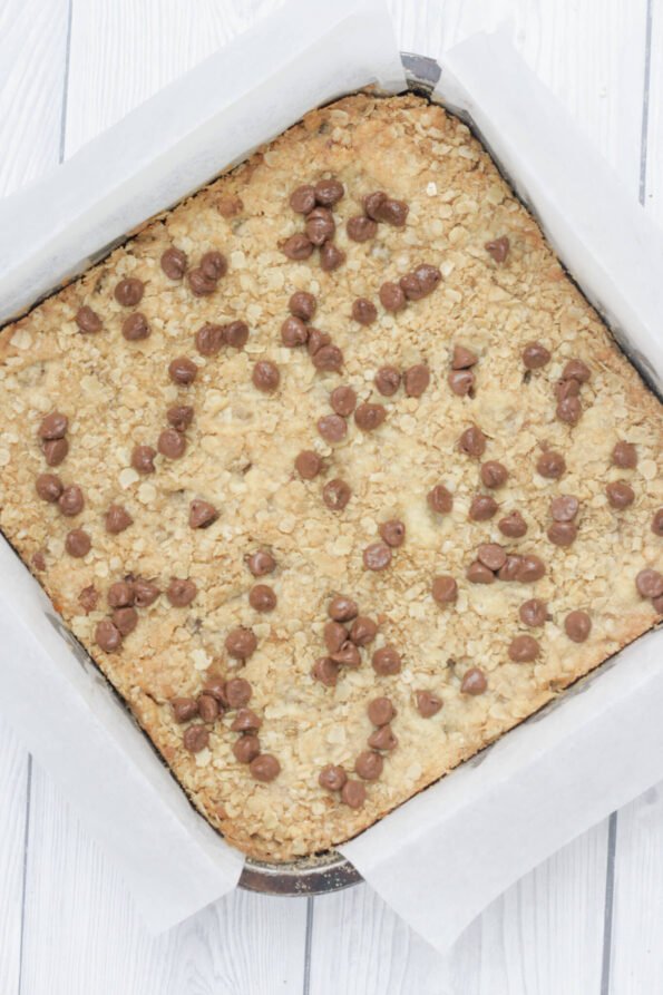 banana oatmeal bars in a baking tin.