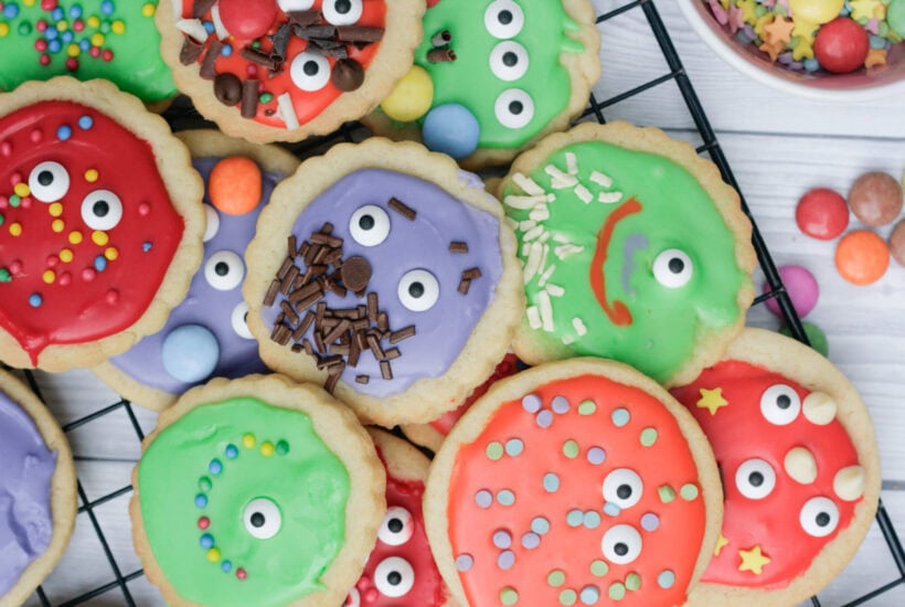 Monster biscuits on a wire rack.