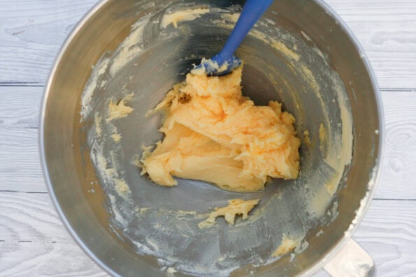 butter and sugar creamed together in a bowl.