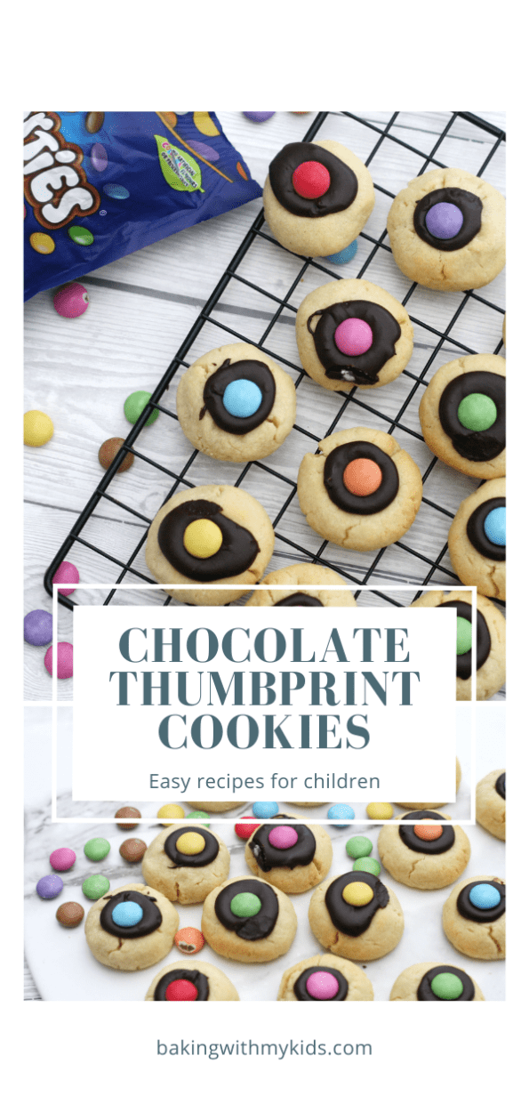 chocolate thumbprint cookies graphic with text overlay