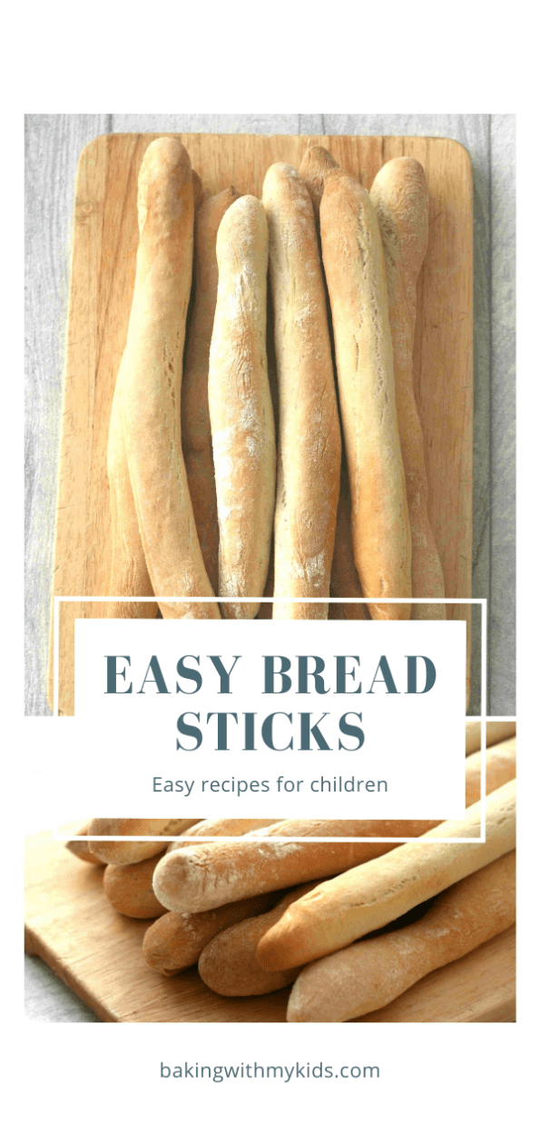 breadsticks on a wooden board with a text overlay