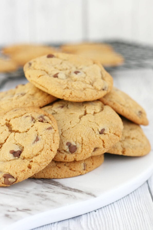 chocolate chip cookies in a pile on a serving plate