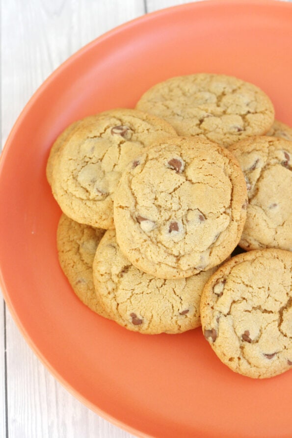 chocolate chip cookies on an orange plate