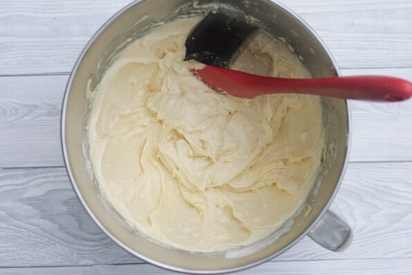 cupcake batter in a mixing bowl.