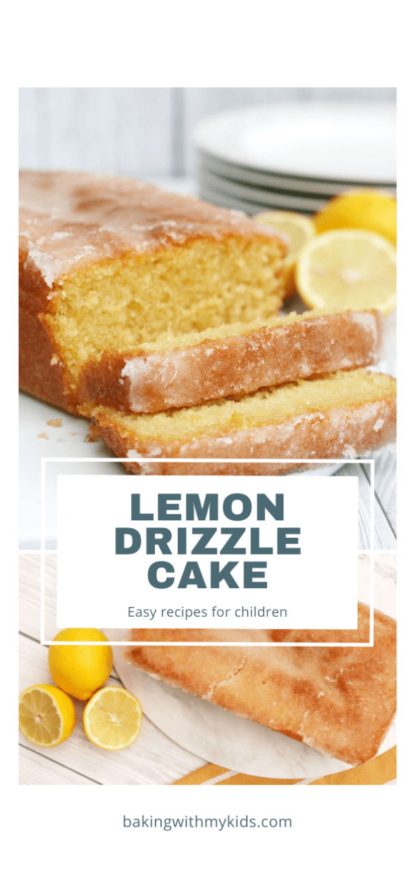 lemon drizzle cake graphic with a text overlay