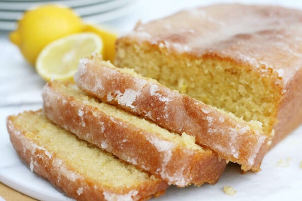 lemon drizzle cake on a serving board
