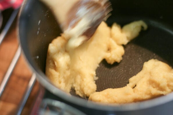 flour, melted butter and water mixed in a pan.