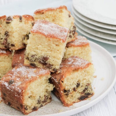 sultana cake on a serving plate.