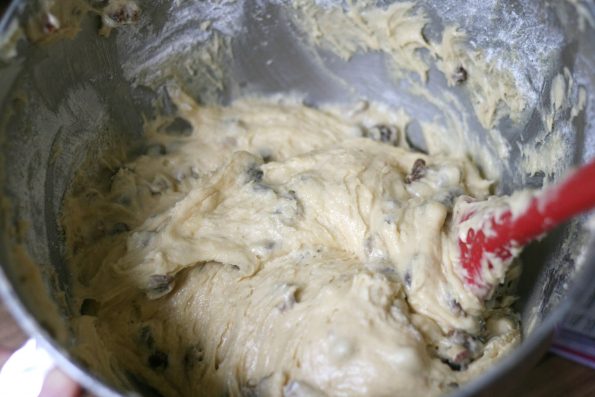 sultana traybake batter in a mixing bowl