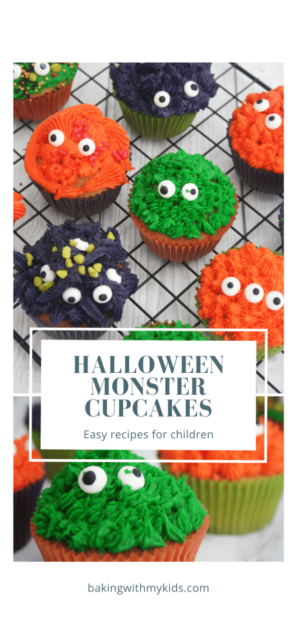 Halloween monster cupcakes graphic with a text overlay