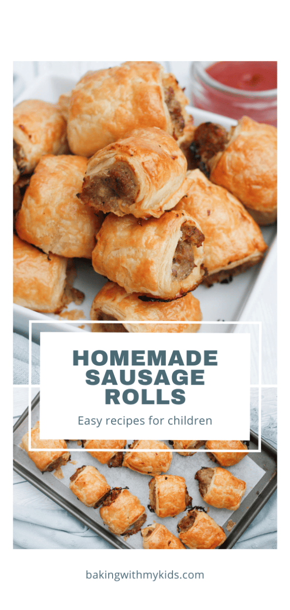 sausage rolls graphic with a text overlay. 