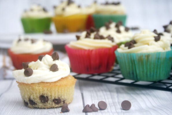 chocolate chip cupcakes arrange around a wire rack