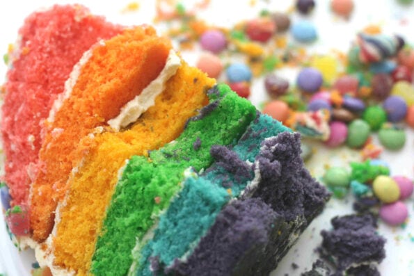 rainbow cake slice surrounded by colourful sweets