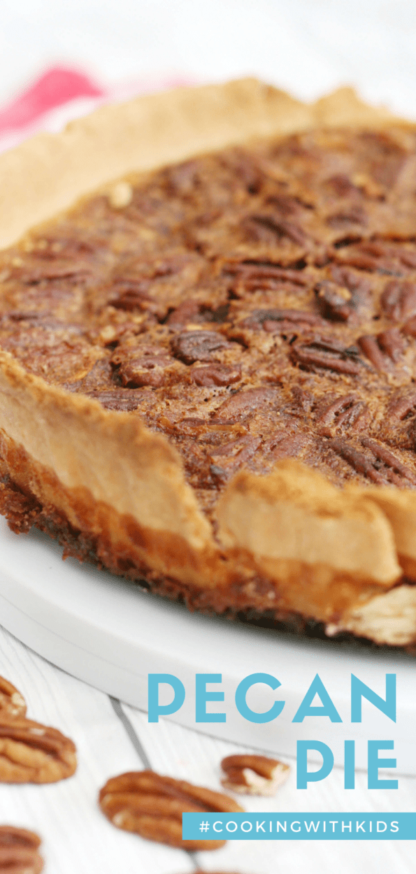 Pecan pie on a serving plate graphic with a text overlay.