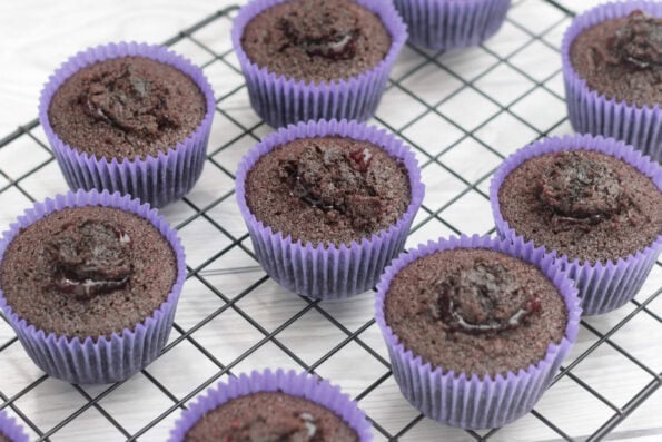 chocolate cupcakes filled with cherry jam.