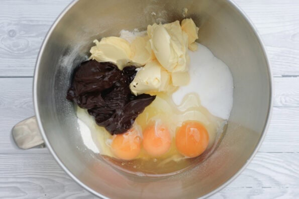 chocolate cupcake ingredients in a mixing bowl.
