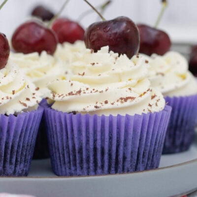 black forest cupcakes on a serving plate.