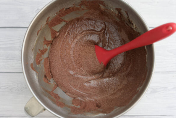 chocolate cupcake batter in a mixing bowl.