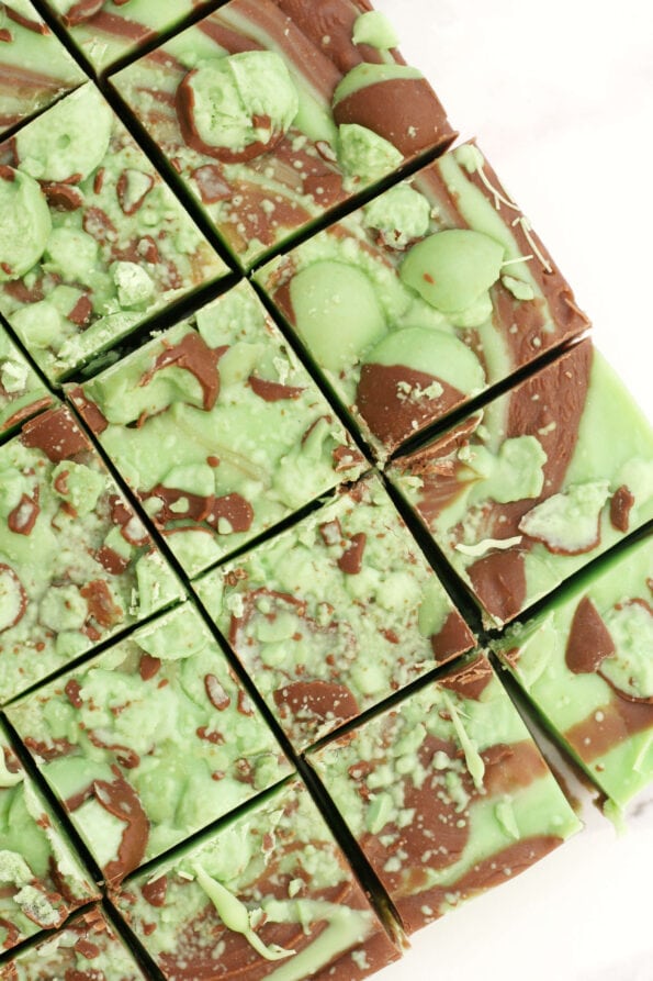 mint chocolate fudge cut into pieces
