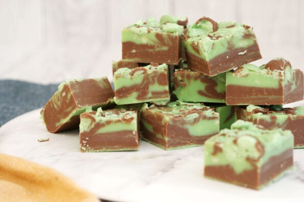 Mint chocolate fudge stacked on a serving platter