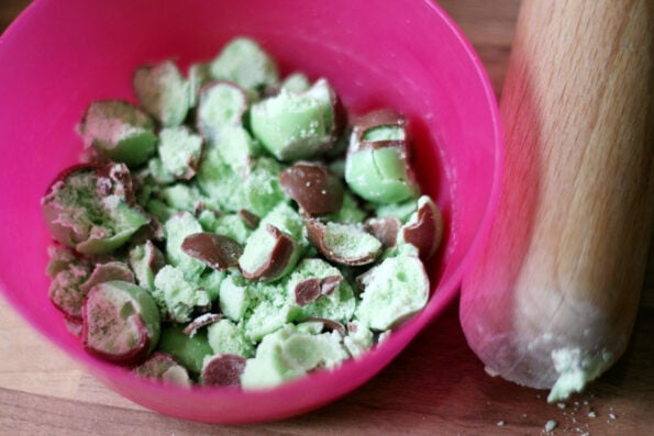 mint chocolates crushed in a pink bowl