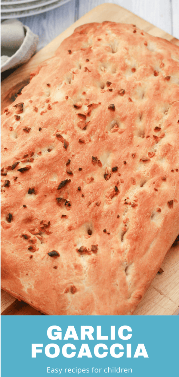 homemade garlic focaccia graphic with a text overlay.