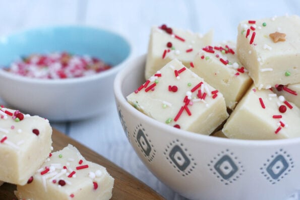 white chocolate fudge in a bowl