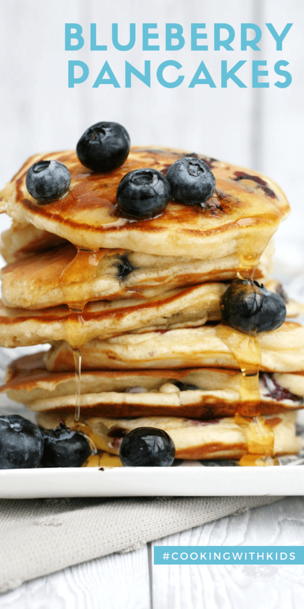 Blueberry pancakes graphic with a text overlay