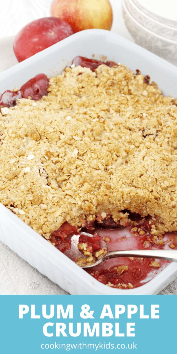 plum and apple crumble graphic with a text overlay