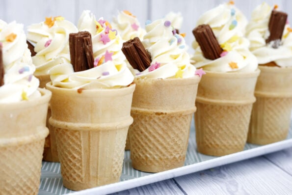 ice cream cone cupcakes on a serving plate