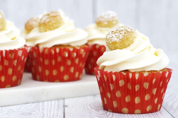 Victoria sponge cupcakes on a serving plate