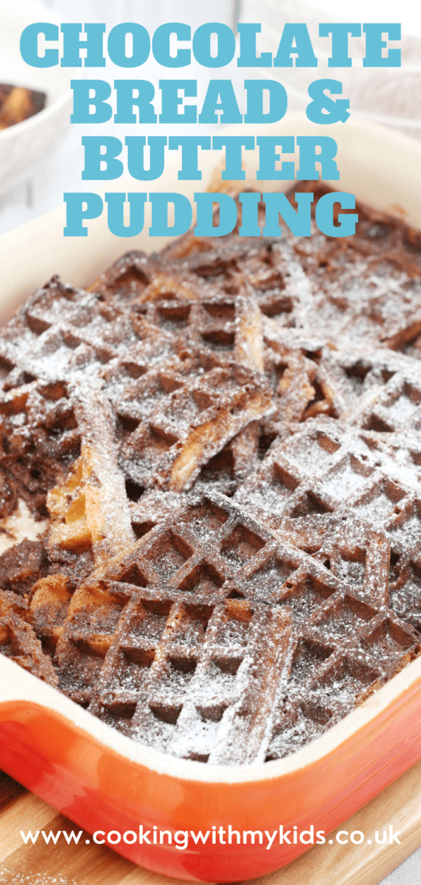 chocolate waffle pudding graphic with a text overlay.