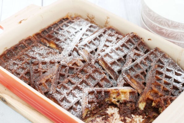 chocolate waffle pudding in an orange dish