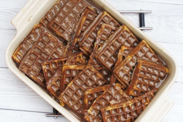 chocolate waffle pudding before being baked.