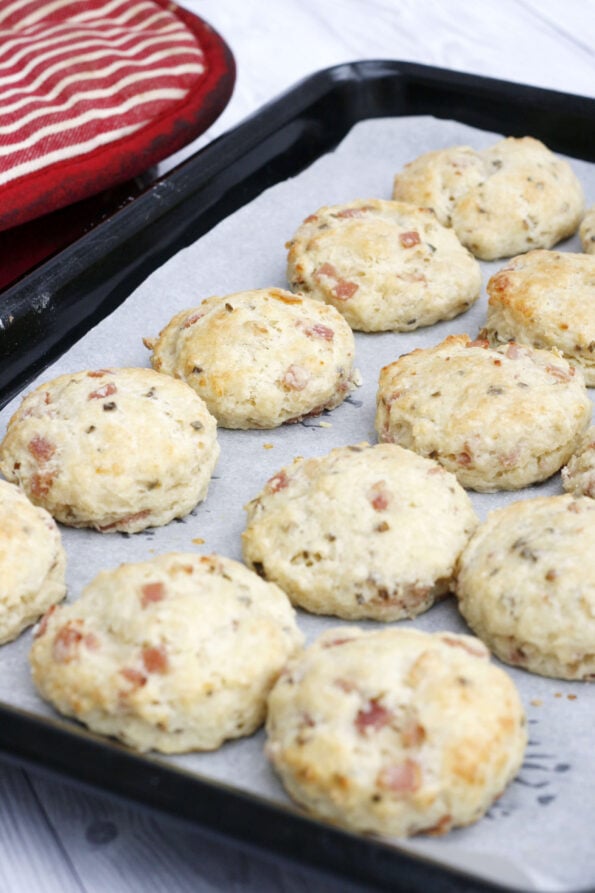 savoury scones on a baking tray.