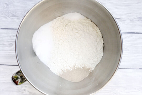 flour, salt, yeast and sugar in a bowl.