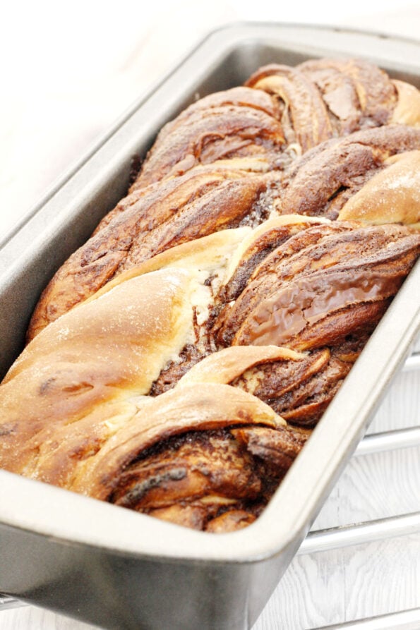 Nutella babka baked in a loaf tin.
