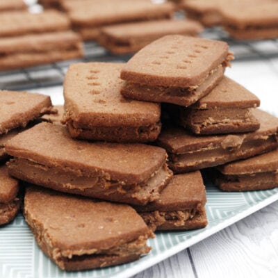 Bourbon biscuits in a stack.