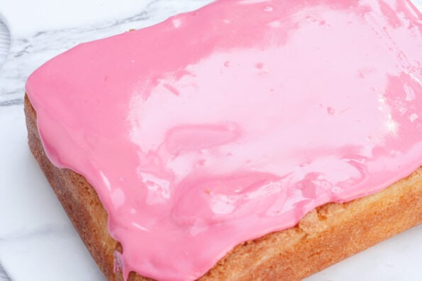 pink icing on a vanilla tray bake.