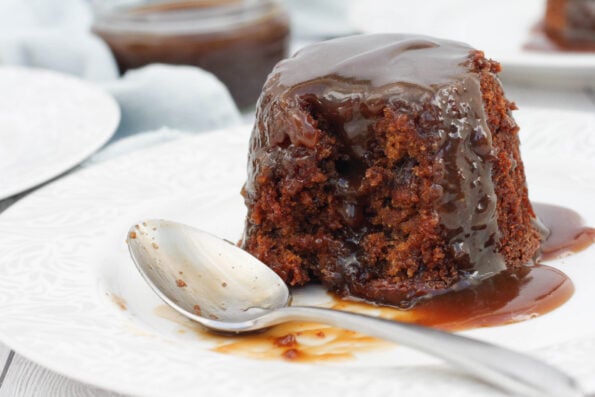 sticky toffee pudding on a plate.